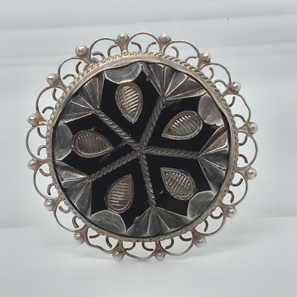 * vintage sterling silver & black faceted glass pin brooch or necklace pendant